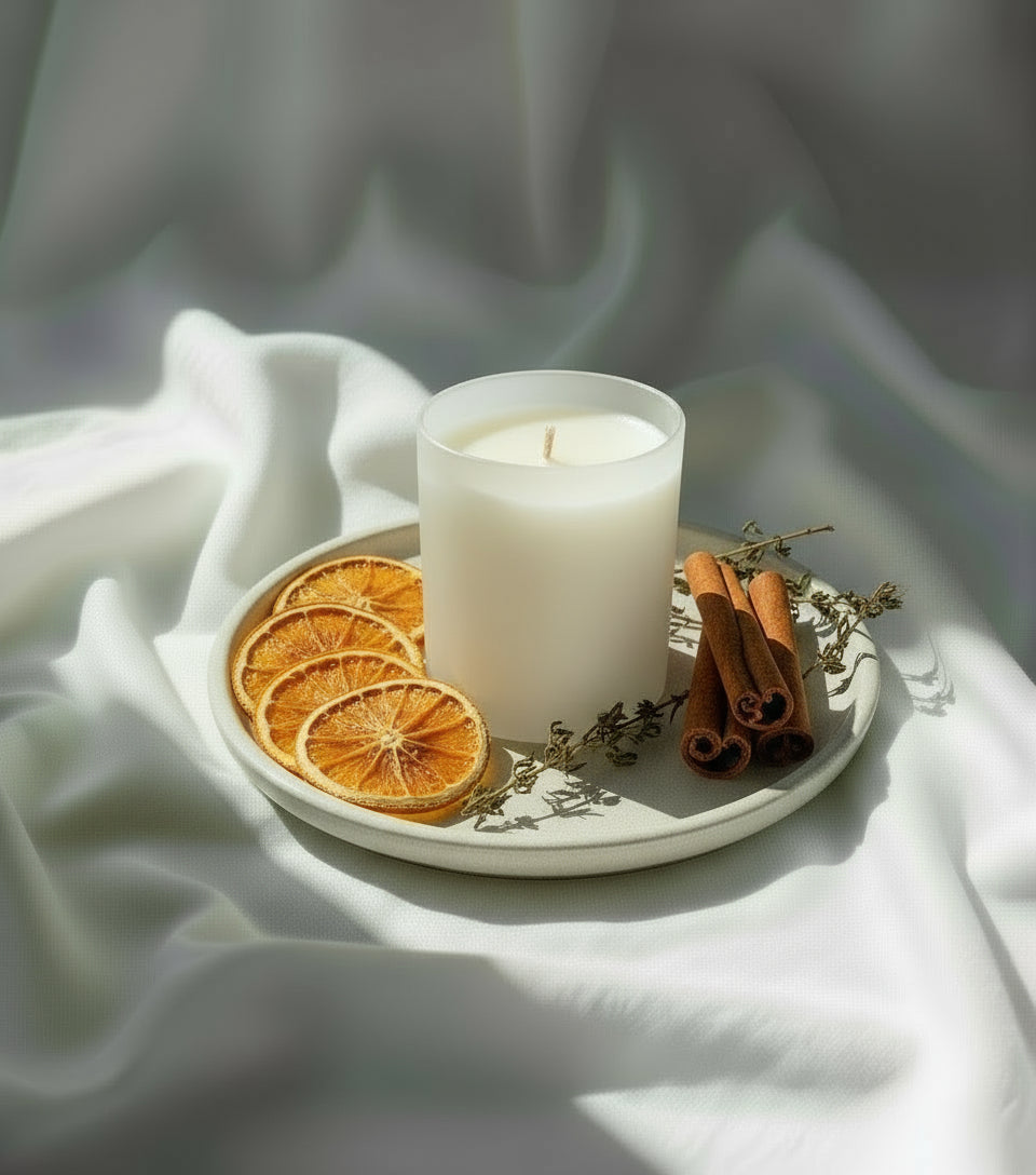 Picture of a luxury soy wax candle in a Matt white glass with an elegant and luxurious feel.