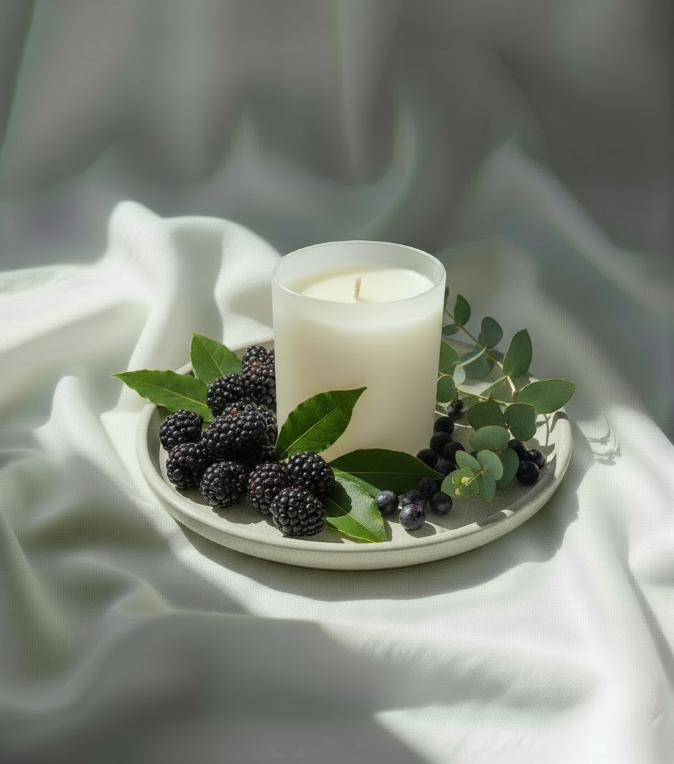 White matte glass candle on a plate with blackberries and green leaves on a white fabric background